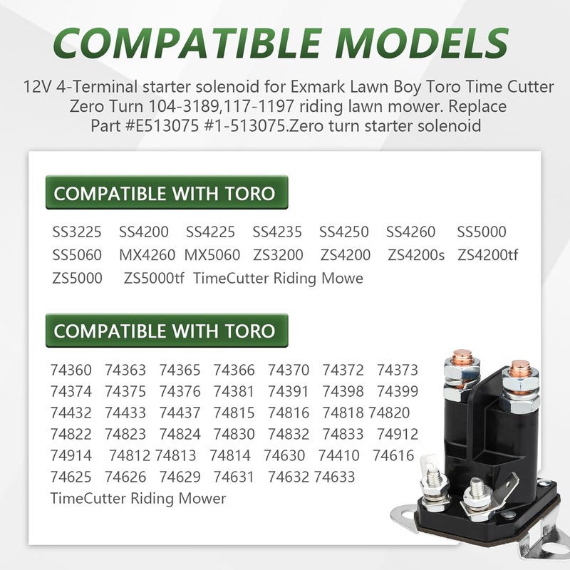 Tecreddy 117-1197 Starter Solenoid 12V for Toro Timecutter ss5000 z4200 ss4225 ss4235 Exmark Zero Turn Lawn Mower, Replace Part #784-1221-210 104-3189 E513075 1-513075 212655 28-4210 47-1910 - Image 5